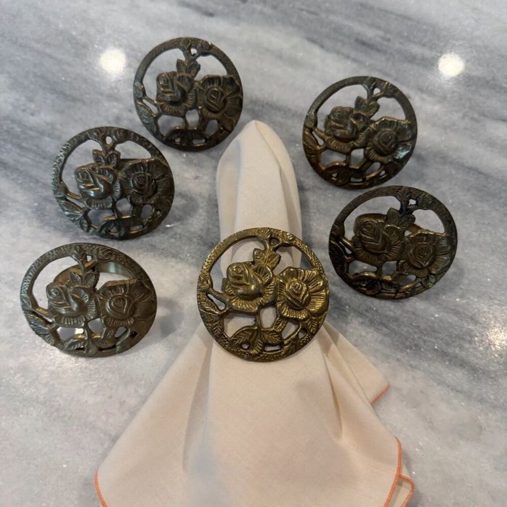 6 Vintage Brass Floral Rose Medallion Napkin Rings